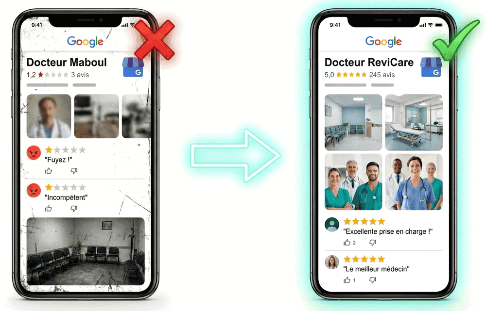 Avant/Après ReviCare - Transformez votre fiche Google